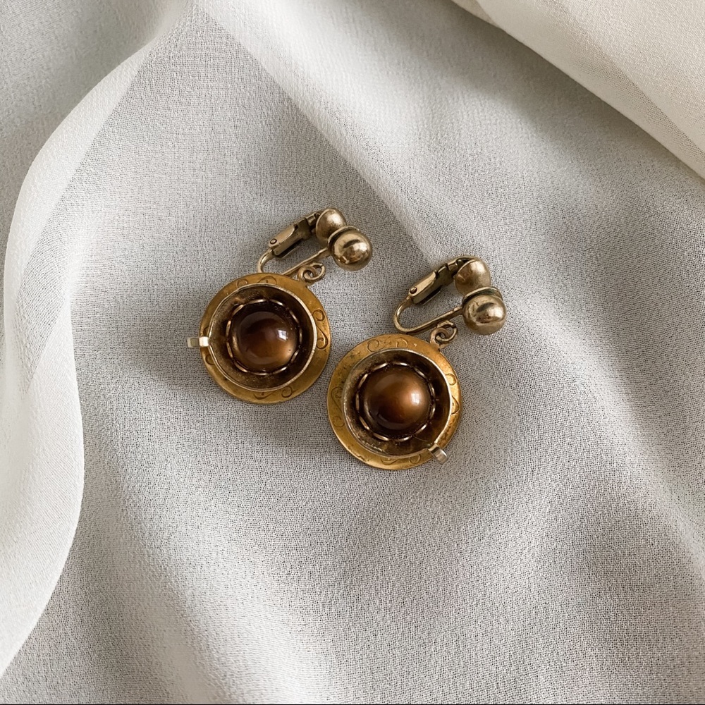 Vintage Gold Brass Brown Centered Dangle Earrings